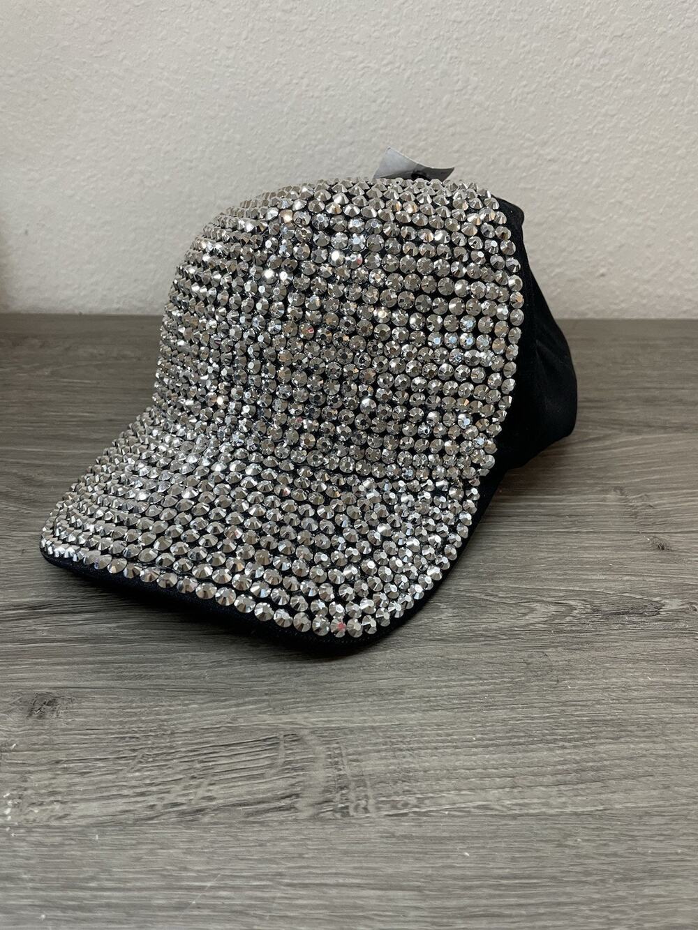 Bling Rhinestone Bedazzled Baseball Cap Silver Studded Adjustable Black Hat NEW